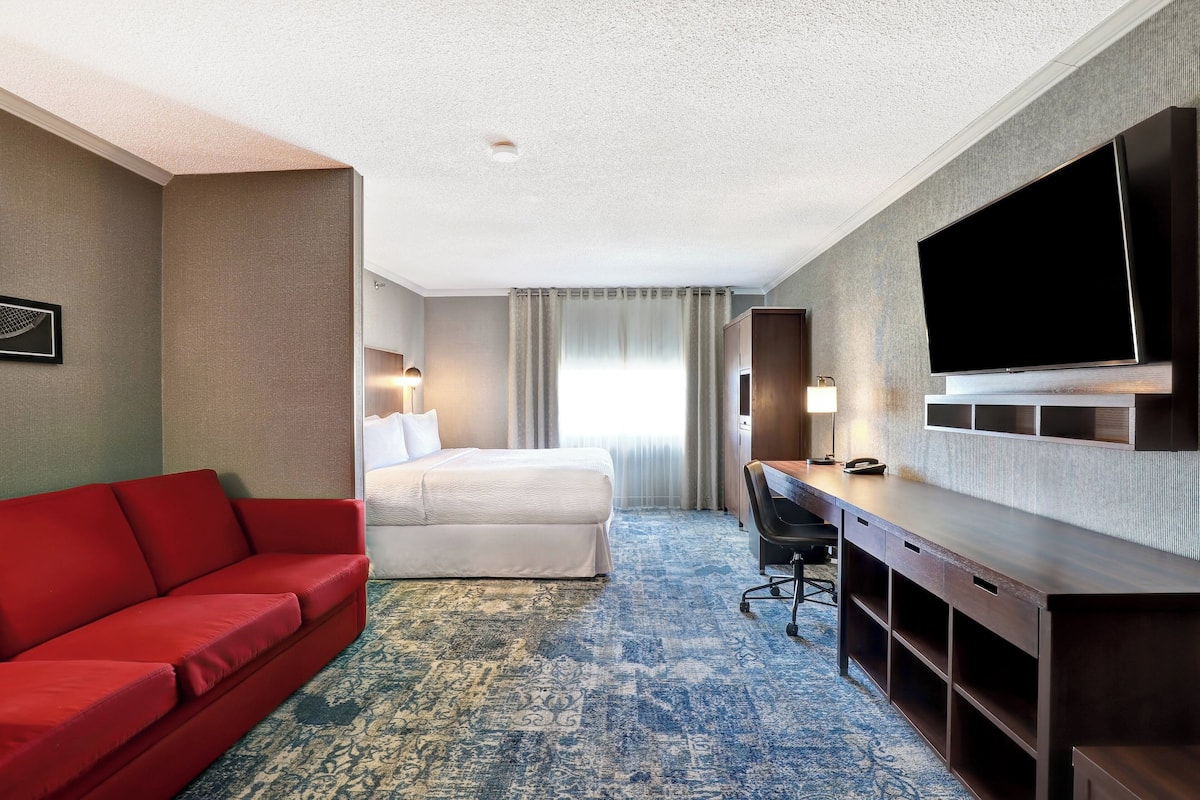 A hotel room with a red sofa, a bed, a desk with a flat-screen TV, and a large window with curtains.