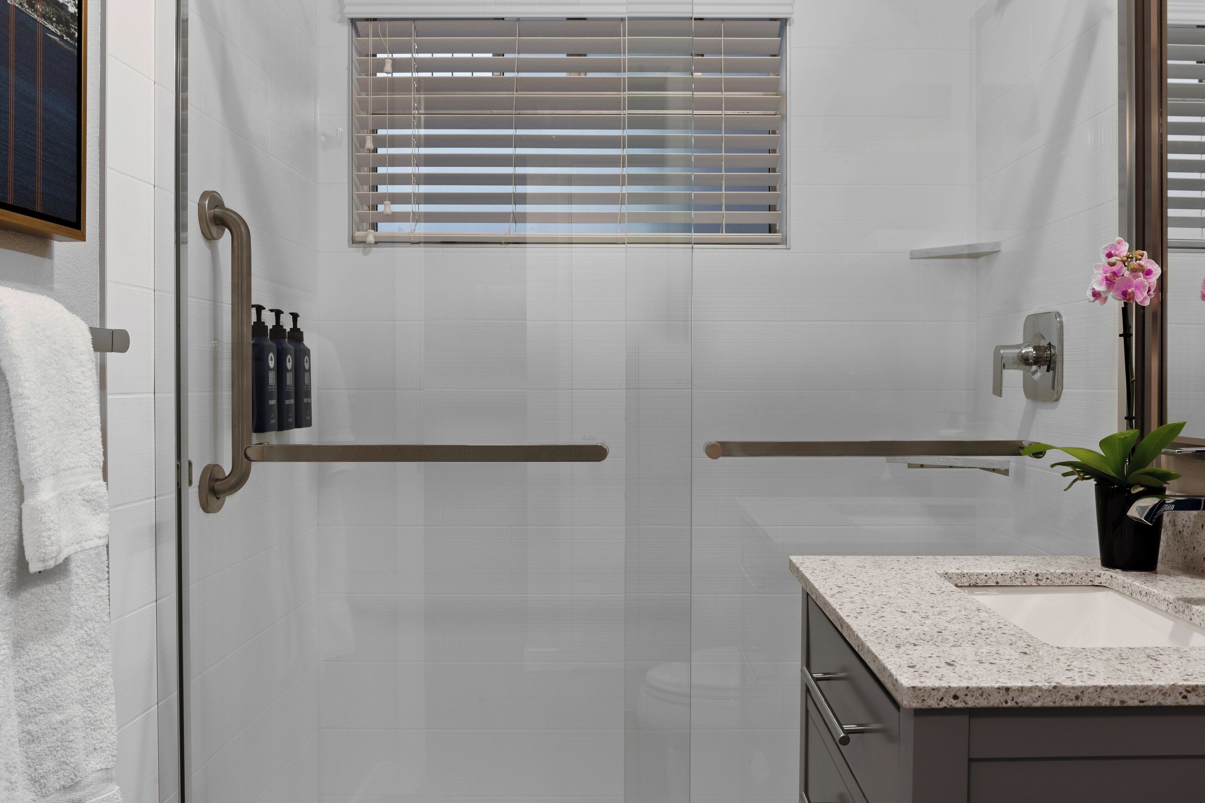 shower, free toiletries, hair dryer, towels