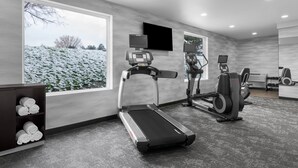 Une salle de sport moderne équipée de tapis de course, d’un vélo d’appartement et d’un écran de télévision.