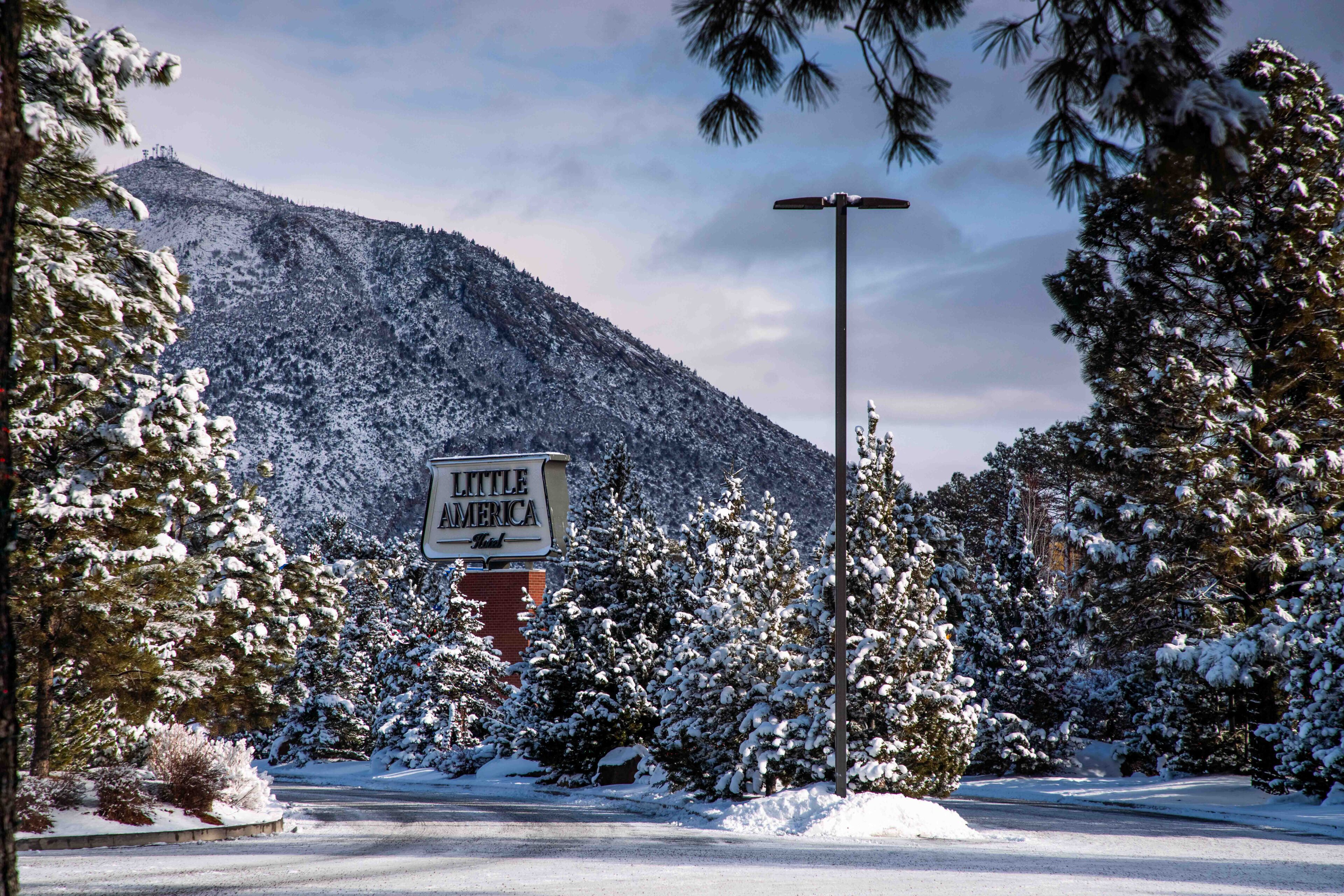 Ett snötäckt landskap med en skylt som visar vägen till hotellet ”Little America”.