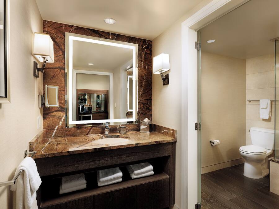 A modern bathroom with a marble vanity, a large mirror, a glass shower enclosure, and a toilet.