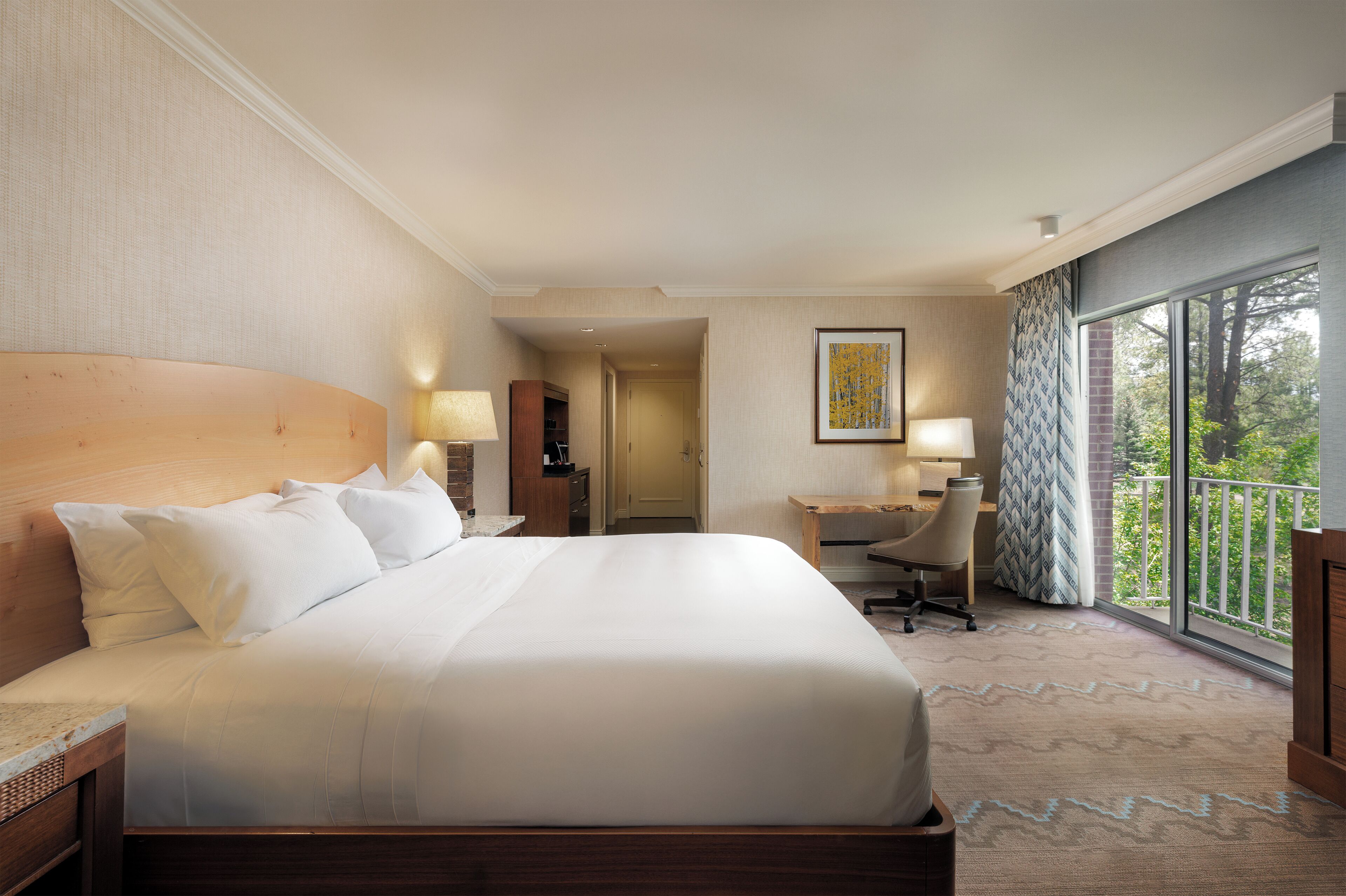 A hotel room with a large bed, a desk, a chair, and a view of the outdoors.