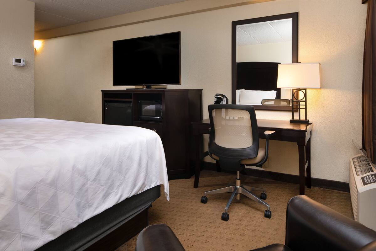 A hotel room with a bed, a desk with a chair, a television, a lamp, and a heater.