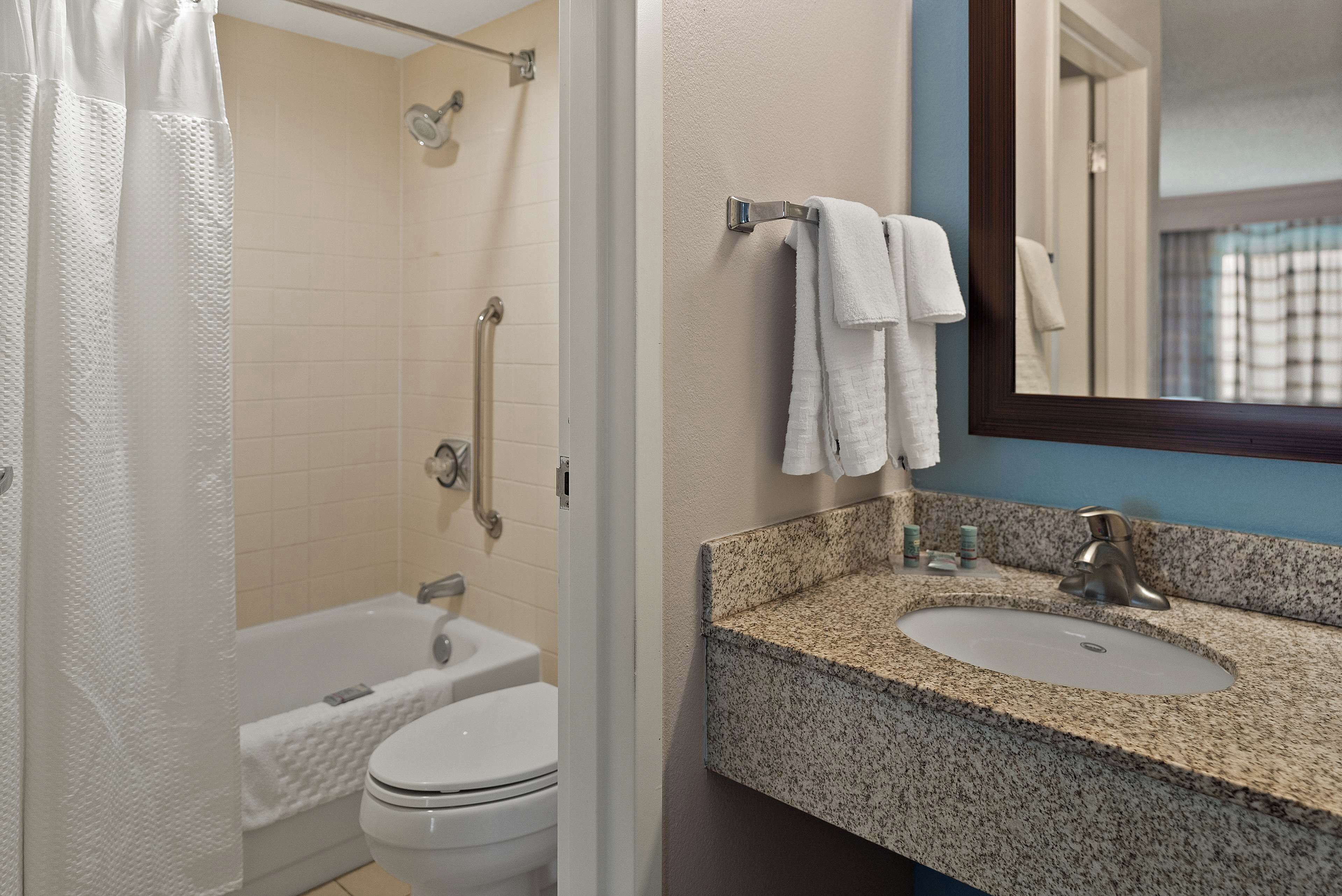 Une salle de bain équipée d’une douche, de toilettes, d’un lavabo et d’un miroir.