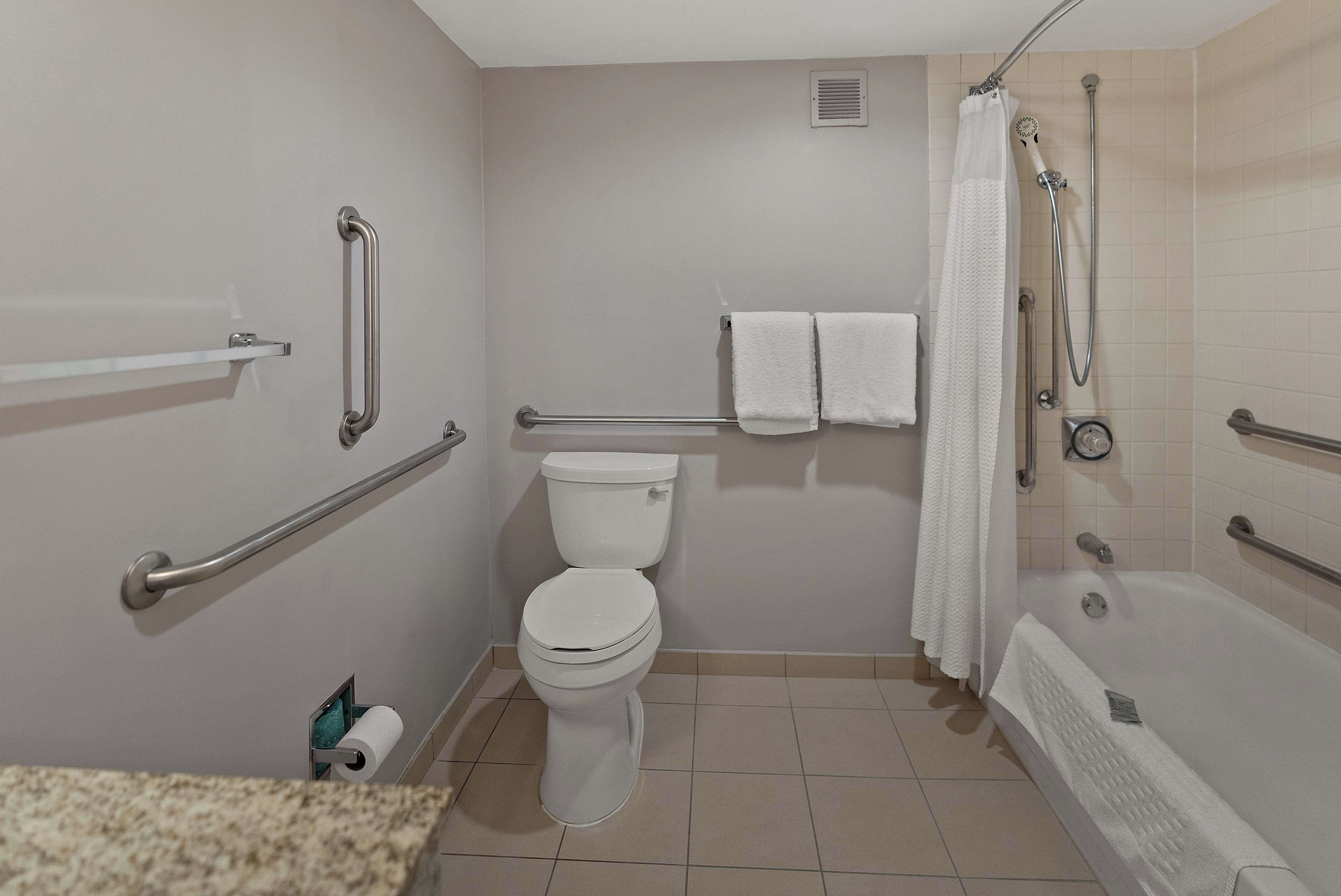 Une salle de bain équipée de toilettes, de barres d’appui, d’une douche avec rideau et d’un porte-serviettes.