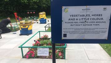 A garden area with a sign about vegetables, herbs, and a little color.