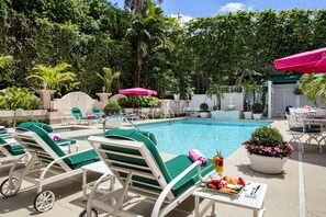 Indoor pool, outdoor pool, pool loungers