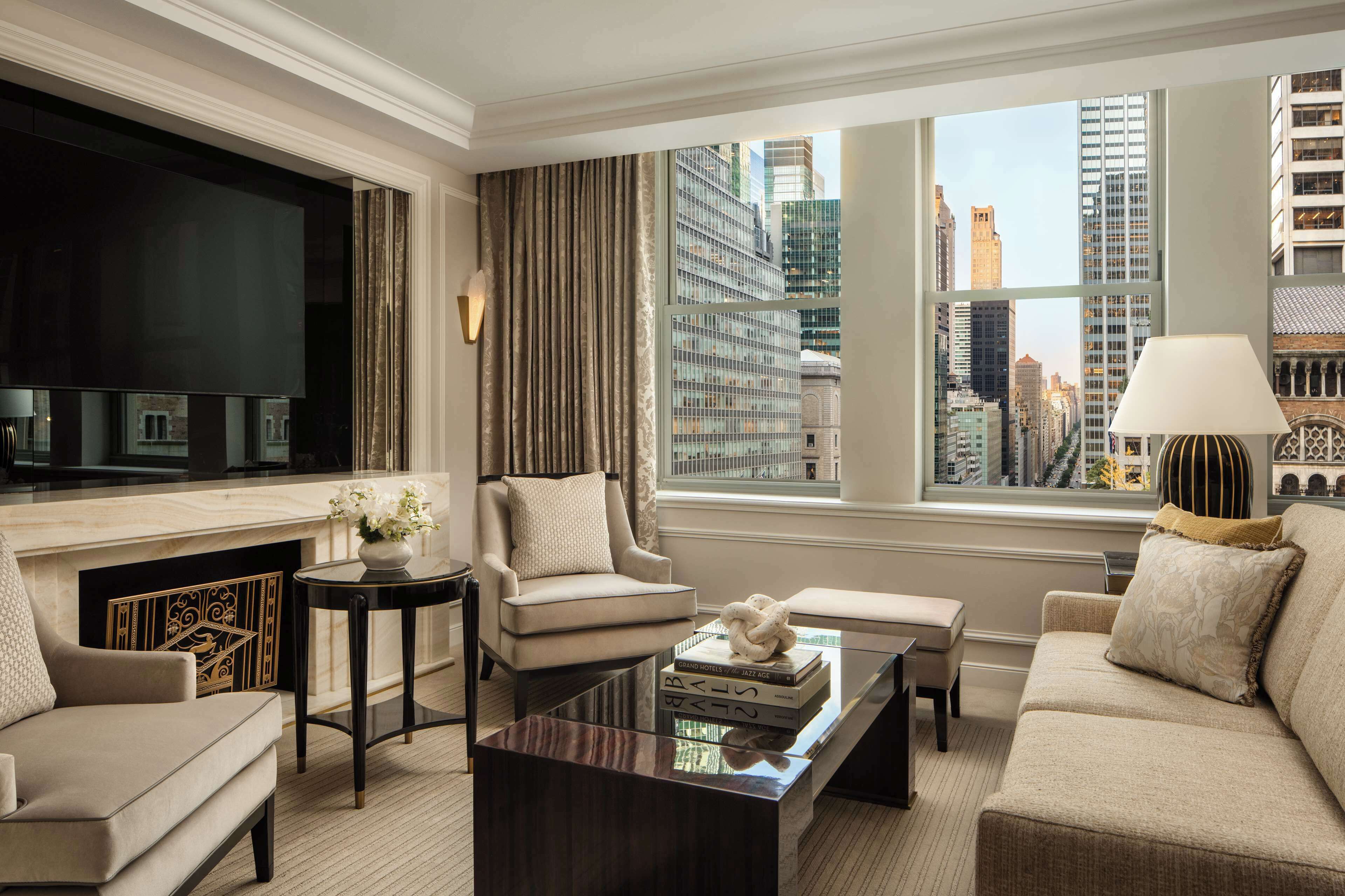 Flat-screen TV, pay movies, MP3 dock