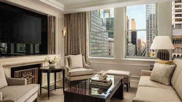 Flat-screen TV, pay movies, MP3 dock