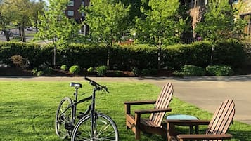 En gräsyta med en cykel och två Adirondack-stolar.