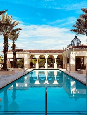 Outdoor pool, pool umbrellas, sun loungers