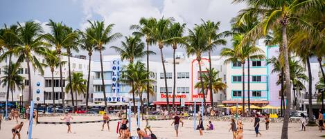 A beach with palm trees and a hotel named 'Boulevard Hotel' in the background.