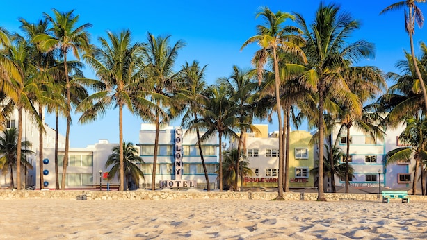 Ein Strand mit Palmen und dem Hotel "Colony Hotel" im Hintergrund.