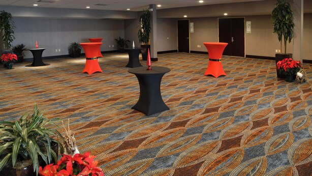 A conference room with multiple tables and chairs, carpeted floor, and potted plants.