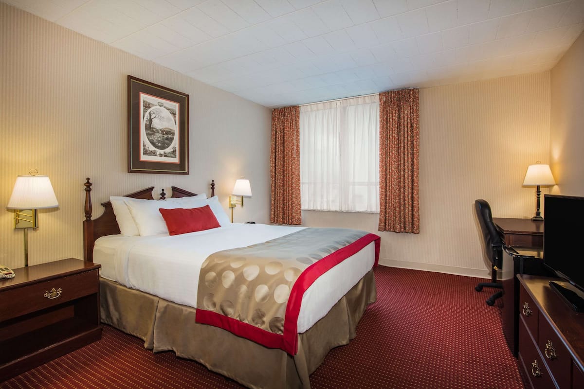 Ein Hotelzimmer mit einem großen Bett, zwei Nachttischen mit Lampen, einem Schreibtisch mit Stuhl, einem Fernseher und einem gerahmten Bild an der Wand.