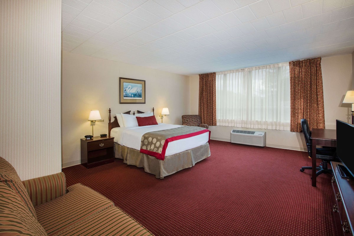 Ein Hotelzimmer mit einem großen Bett, zwei Nachttischen mit Lampen, einem Schreibtisch, einem Sessel und einem großen Fenster mit Vorhängen.