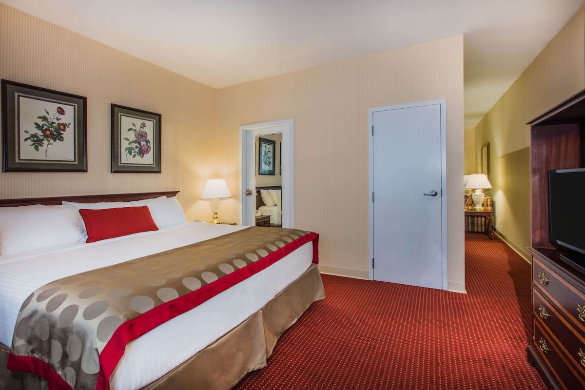 A hotel room with a large bed, two framed floral pictures, a door, a TV stand, and a red carpeted floor.