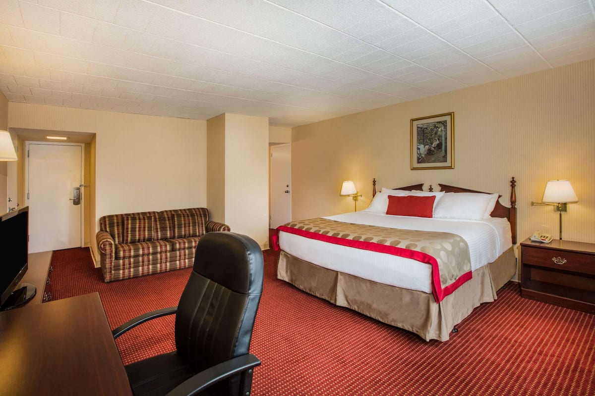 Ein Hotelzimmer mit Bett, Sofa, Schreibtisch und Fernseher.