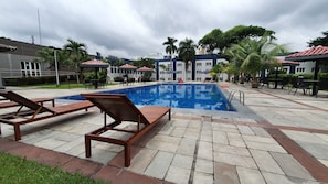 Outdoor pool, sun loungers
