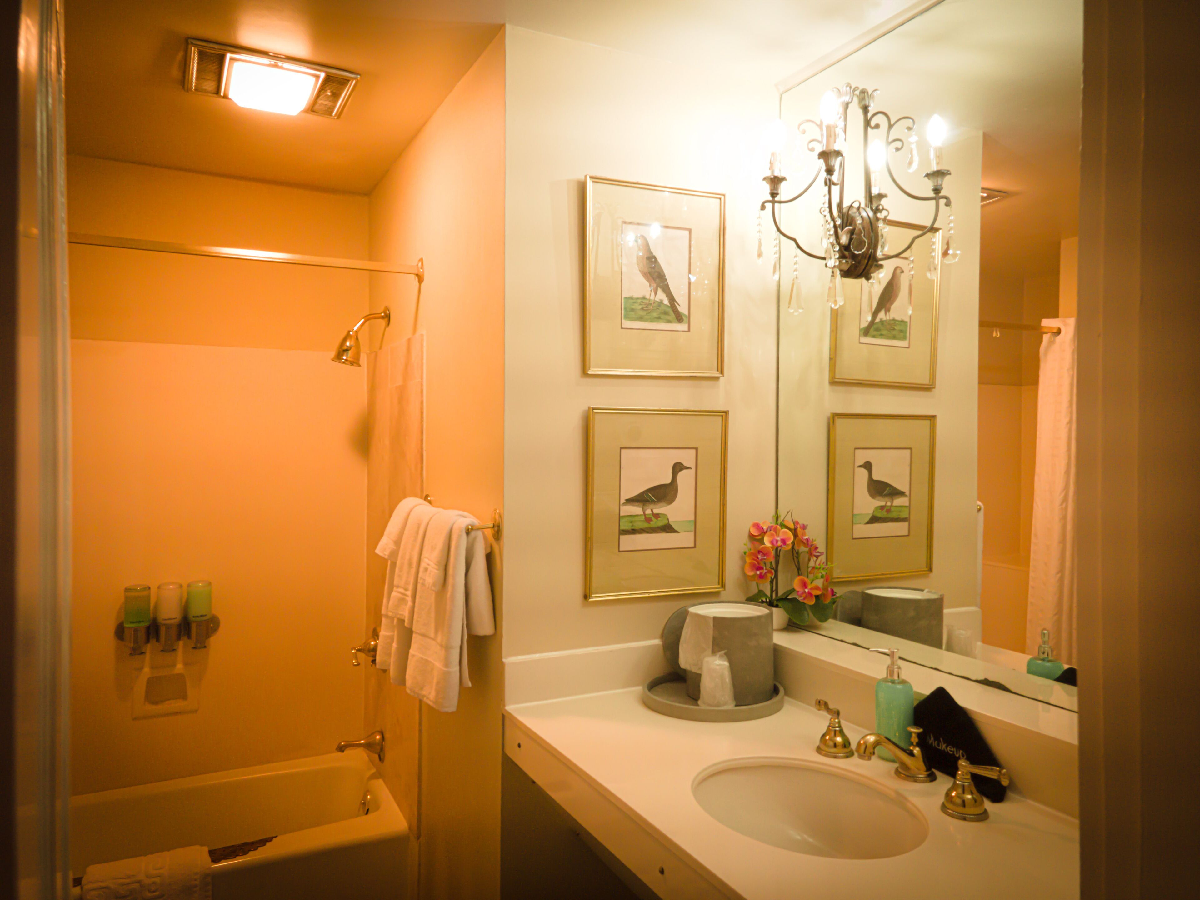 A bathroom with a bathtub, a sink with gold faucets, a chandelier, framed bird pictures, and a towel rack.
