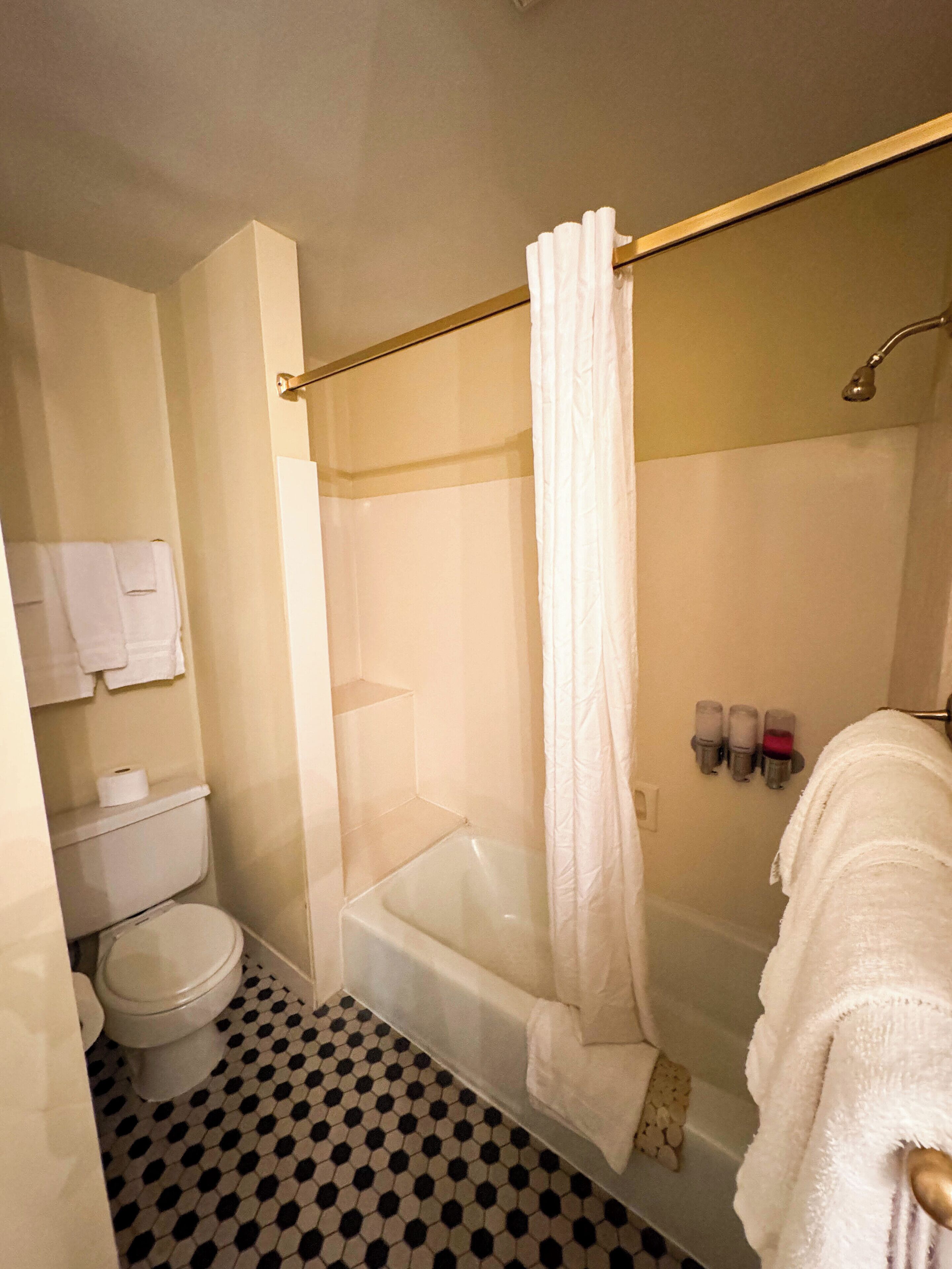Een badkamer met toilet, bad en douchegordijn.