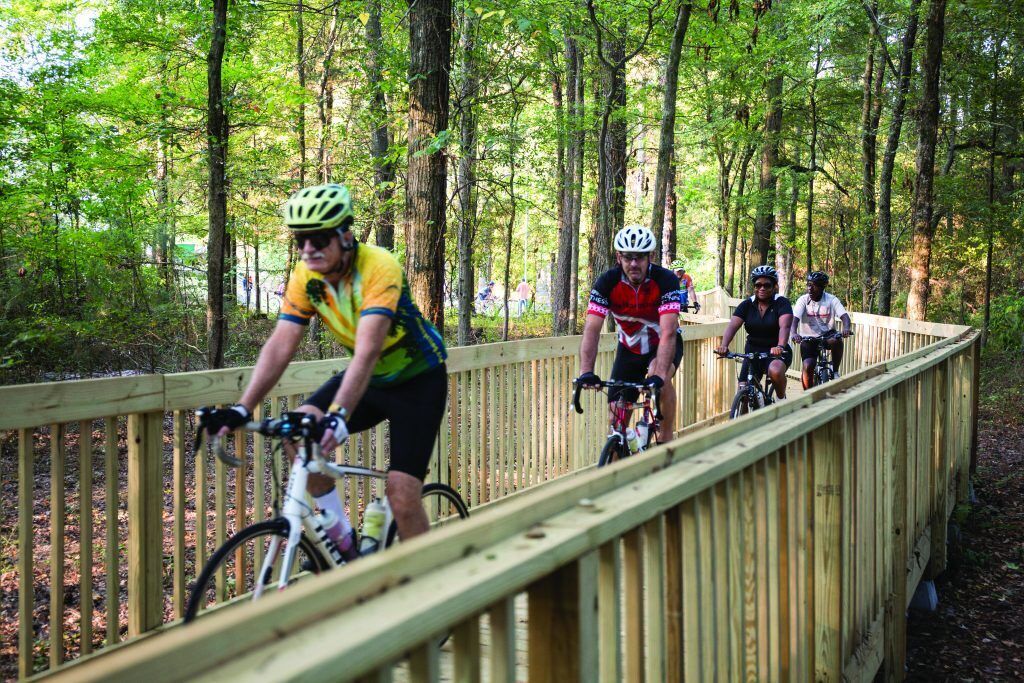 Un grupo de ciclistas sobre un puente de madera en un área boscosa.