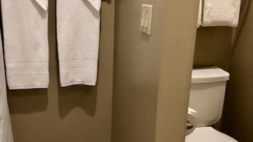 Une salle de bain avec des toilettes, un porte-serviettes avec deux serviettes et un interrupteur sur le mur.