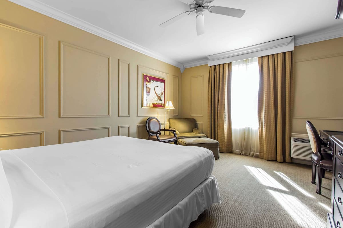 A hotel room with a large bed, a chair, a desk, and a ceiling fan.