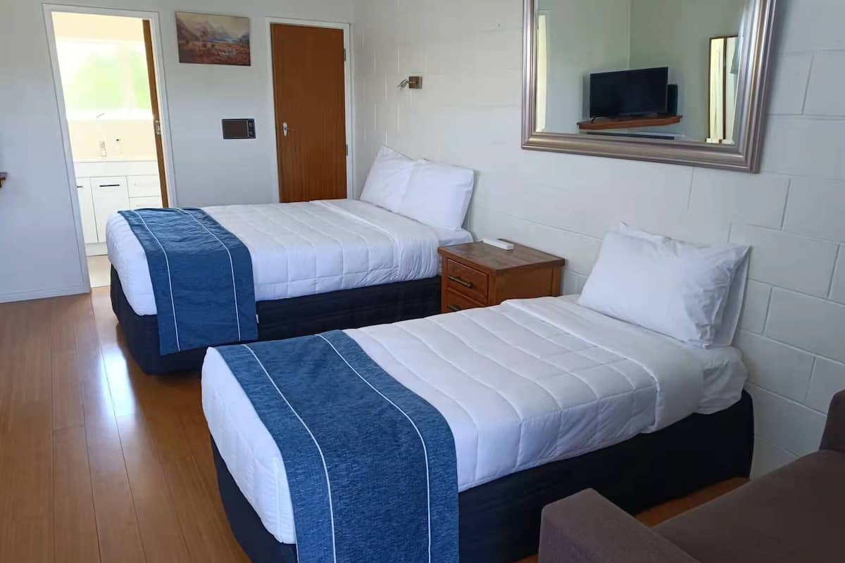 Habitación de hotel con dos camas, suelo de madera, una mesita de noche pequeña, un espejo y un televisor.