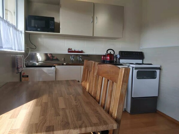 Fridge, microwave, coffee/tea maker, electric kettle