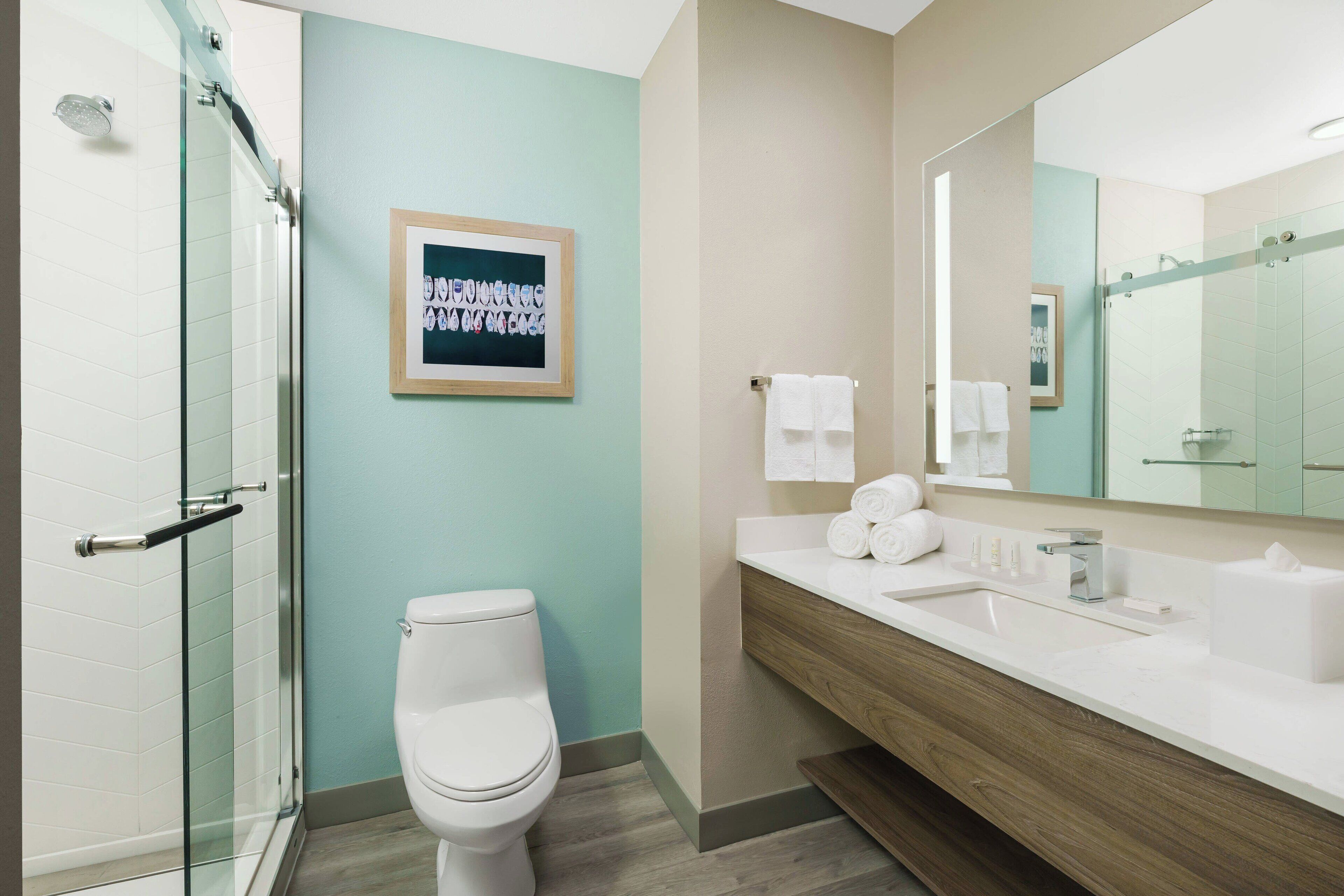 Een moderne badkamer met een glazen douchecabine, een wit toilet, een houten wastafelmeubel met een wastafel en een grote spiegel.