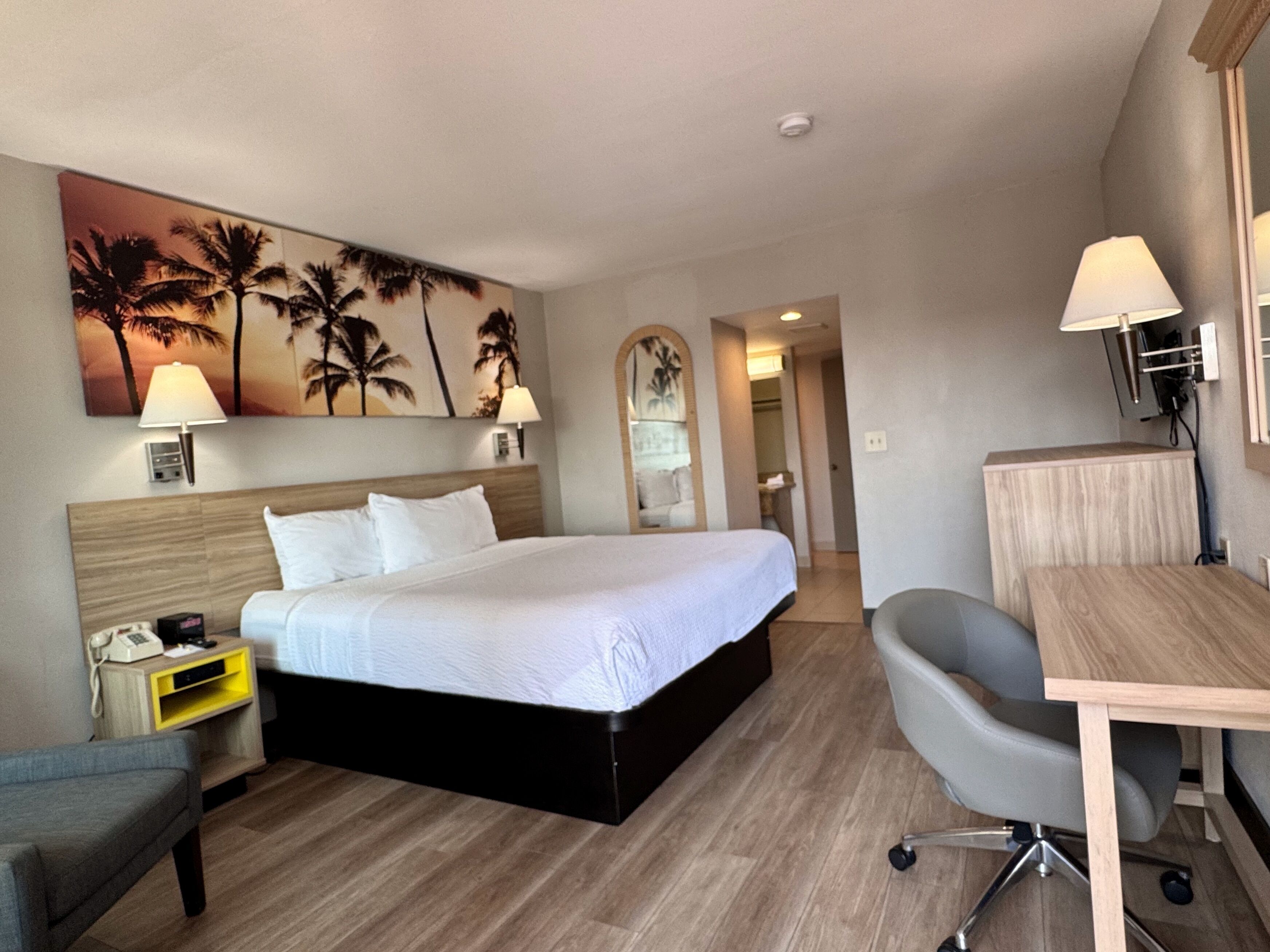 Habitación de hotel con una cama grande, un escritorio, una silla, una mesita de noche, una lámpara y un cuadro de palmeras.