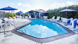 Outdoor pool, open 10:00 AM to 9:00 PM, sun loungers