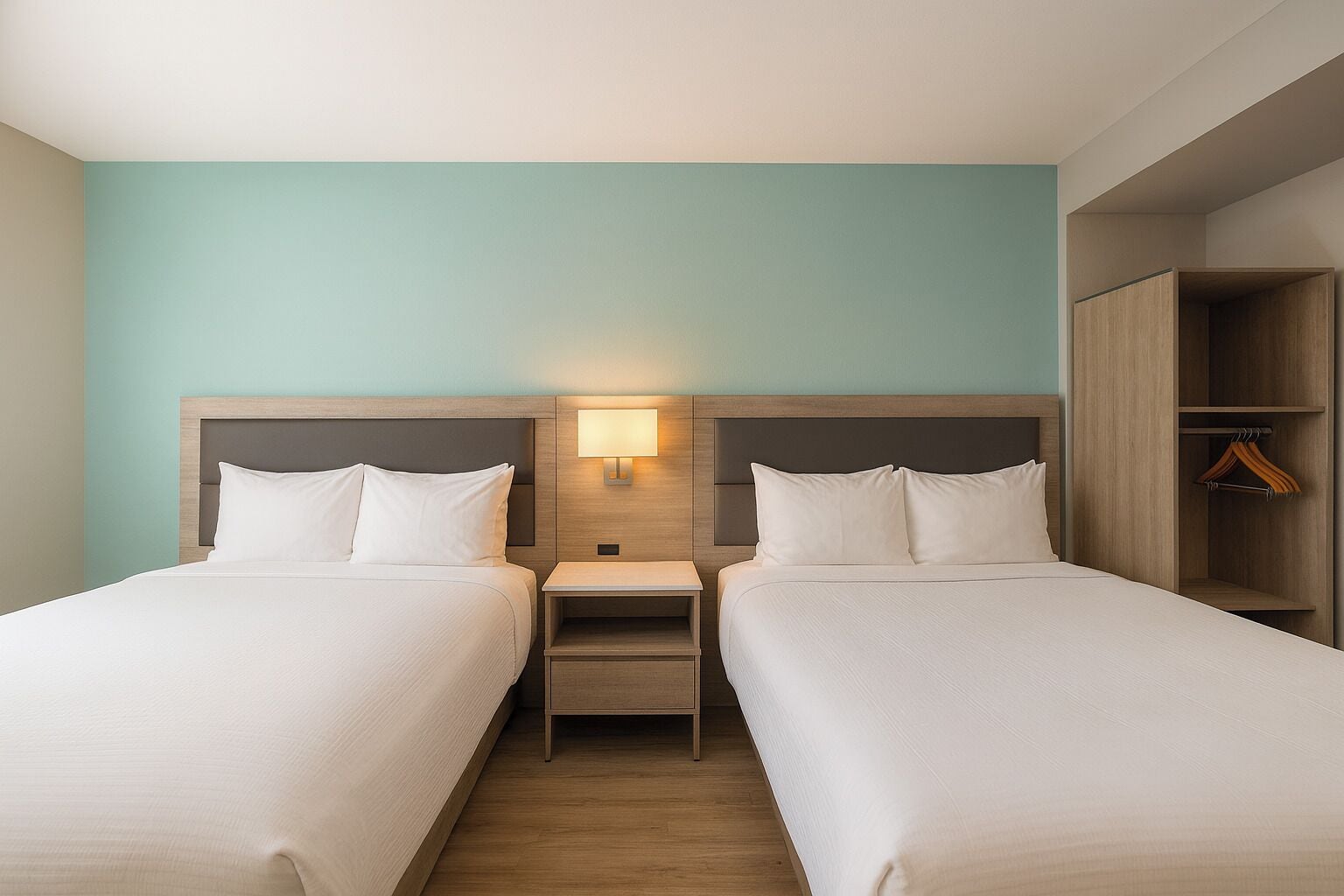 A hotel room with two beds, a nightstand, a wall-mounted lamp, and a wooden wardrobe.