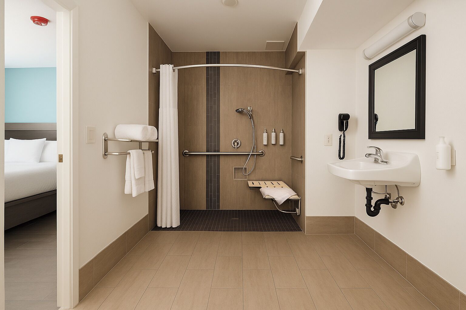 A modern bathroom with a shower, toilet, and sink.