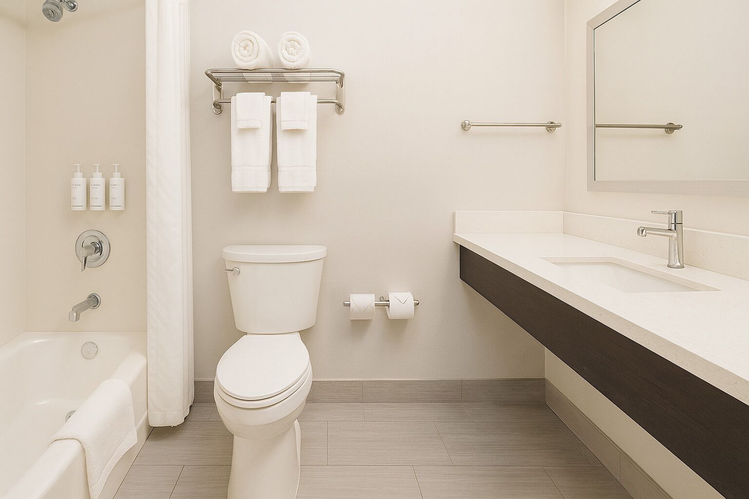 A modern bathroom with a toilet, sink, and bathtub. There are two towels on a shelf above the toilet and a toilet paper roll on the wall.