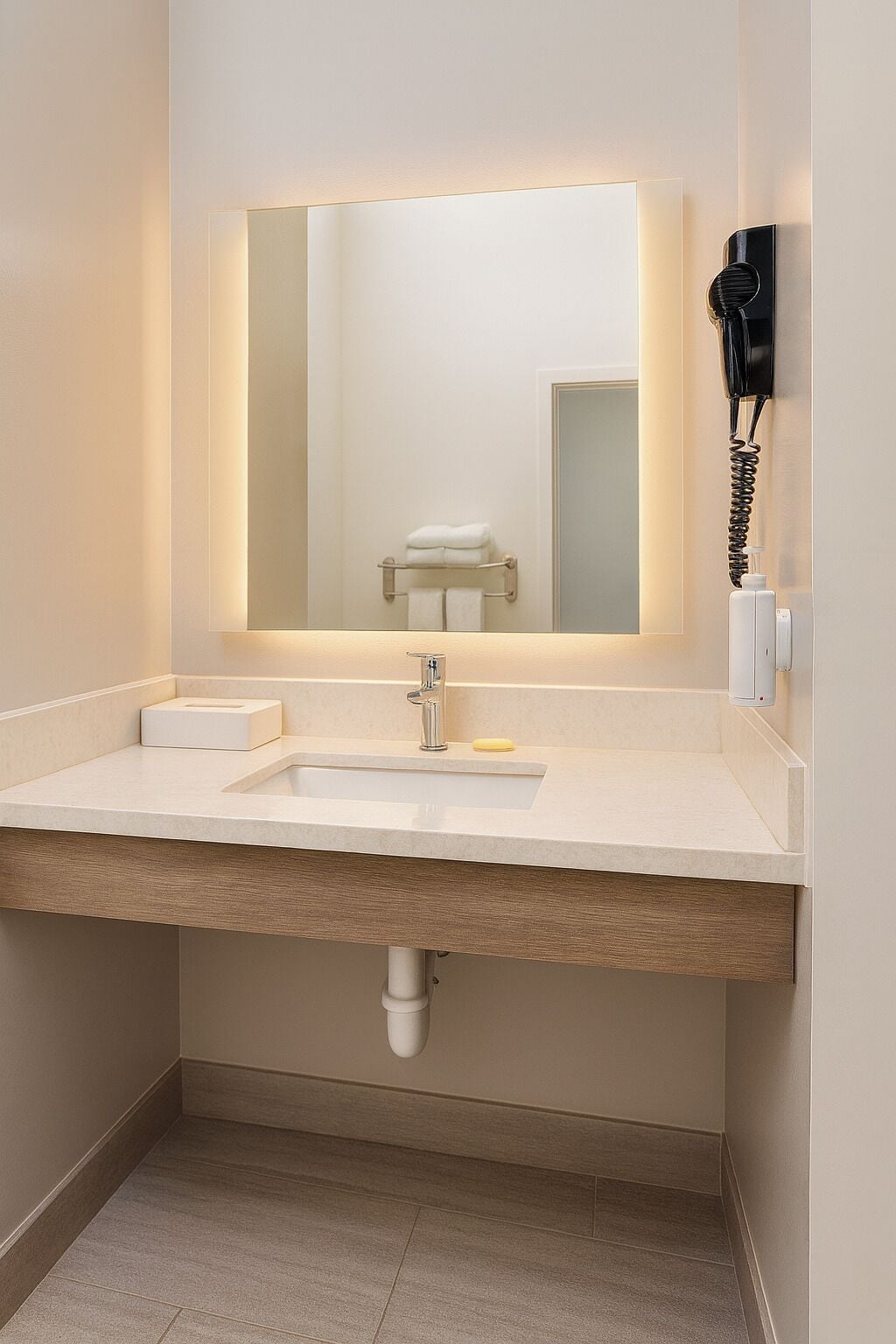 Un bagno moderno con uno specchio grande, un lavandino, un asciugacapelli e un portasciugamani.