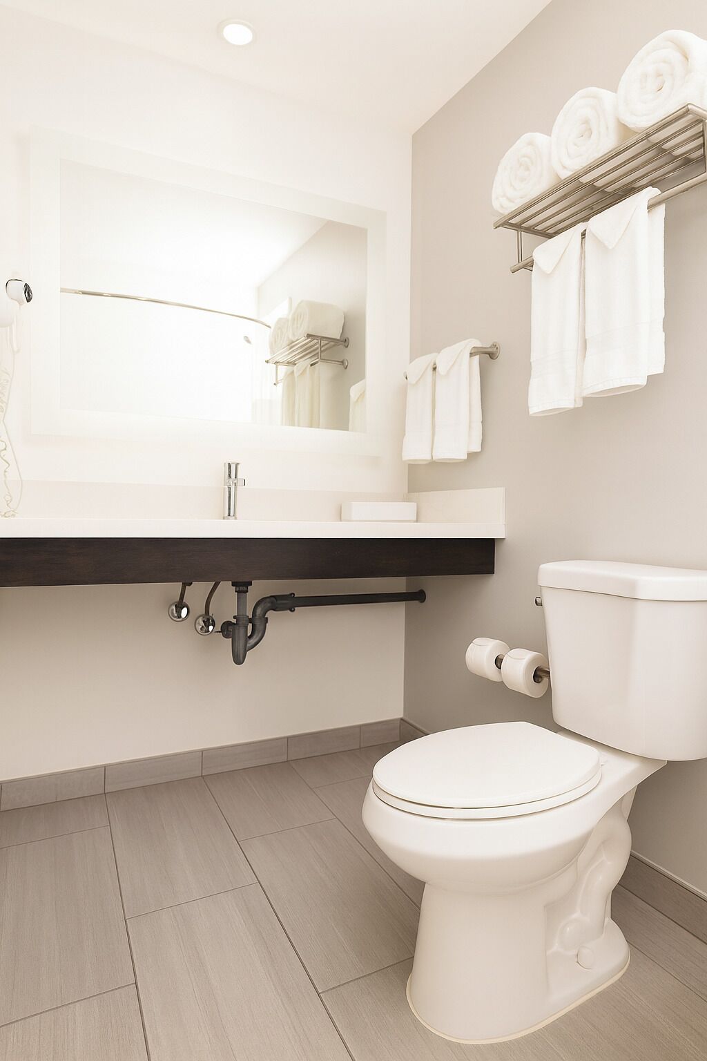 Un baño moderno con un inodoro blanco, un lavabo con espejo y un perchero con toallas.