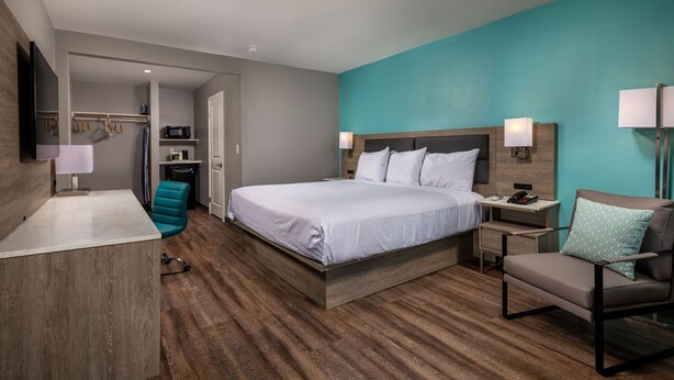 Una habitación de hotel moderna con una cama grande, un escritorio, una silla y un televisor.
