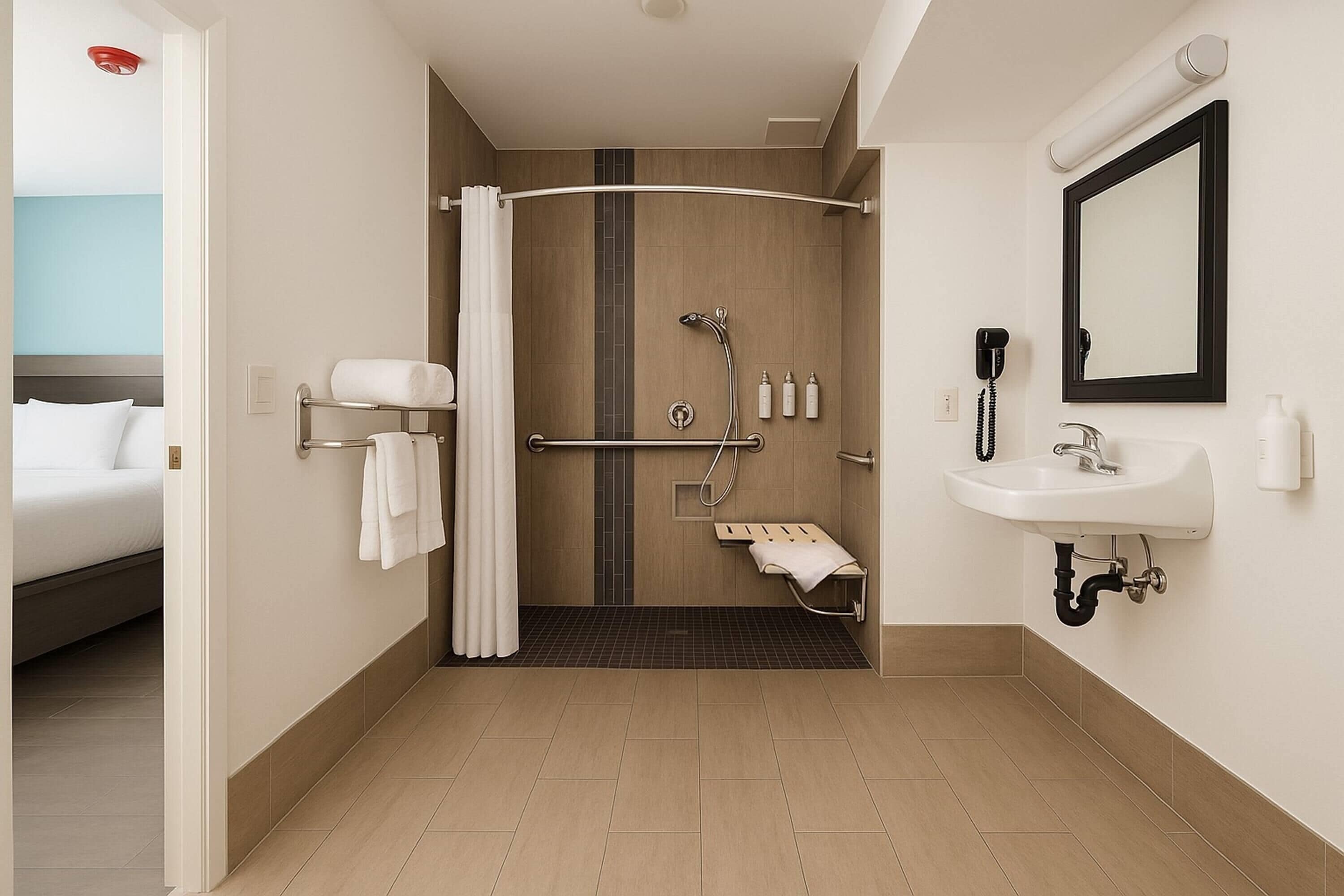 A hotel bathroom with a shower, a sink, a mirror, and a towel rack.