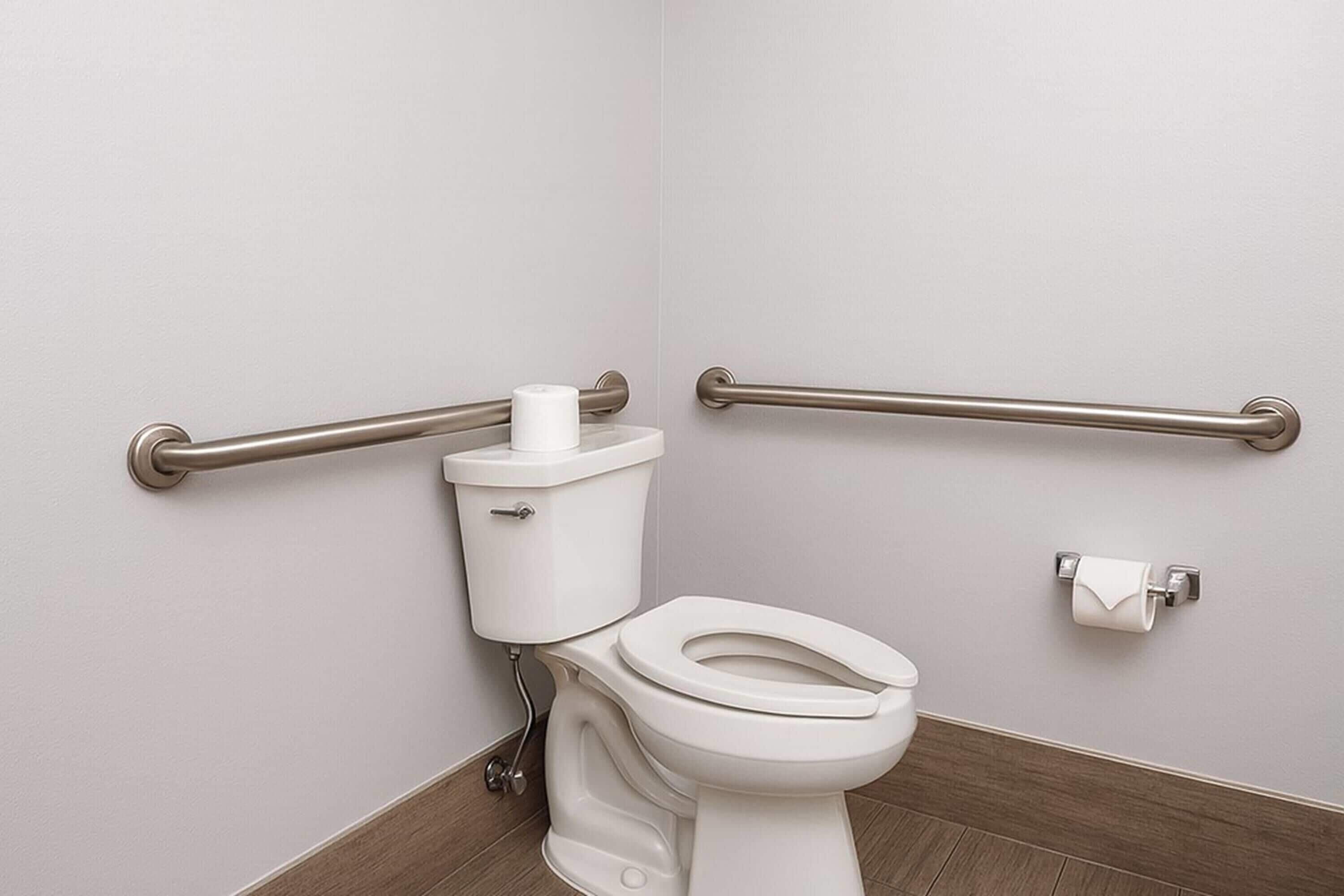 Standard badeværelse med toilet, bidet og gelændere.