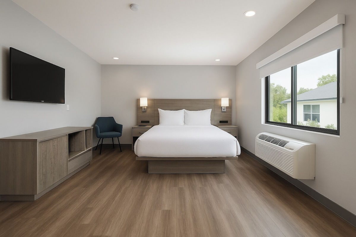 Room, 1 Queen Bed (Efficiency) | Desk, iron/ironing board, free WiFi, bed sheets