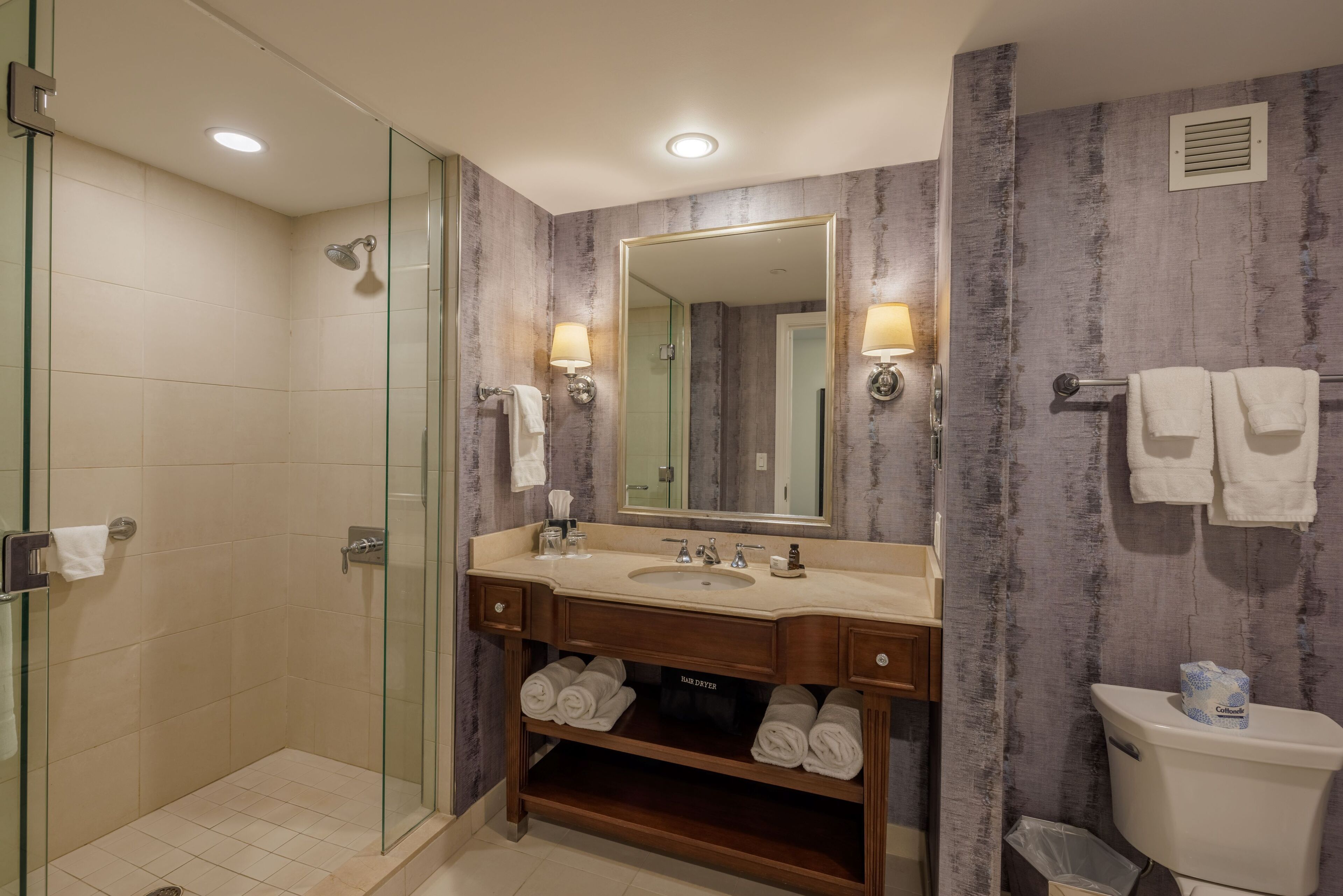 shower, free toiletries, hair dryer, bathrobes