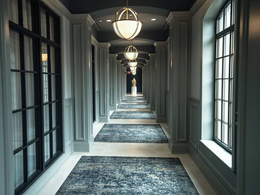 A long, narrow hallway with a patterned carpet, large windows on both sides, and a central chandelier.