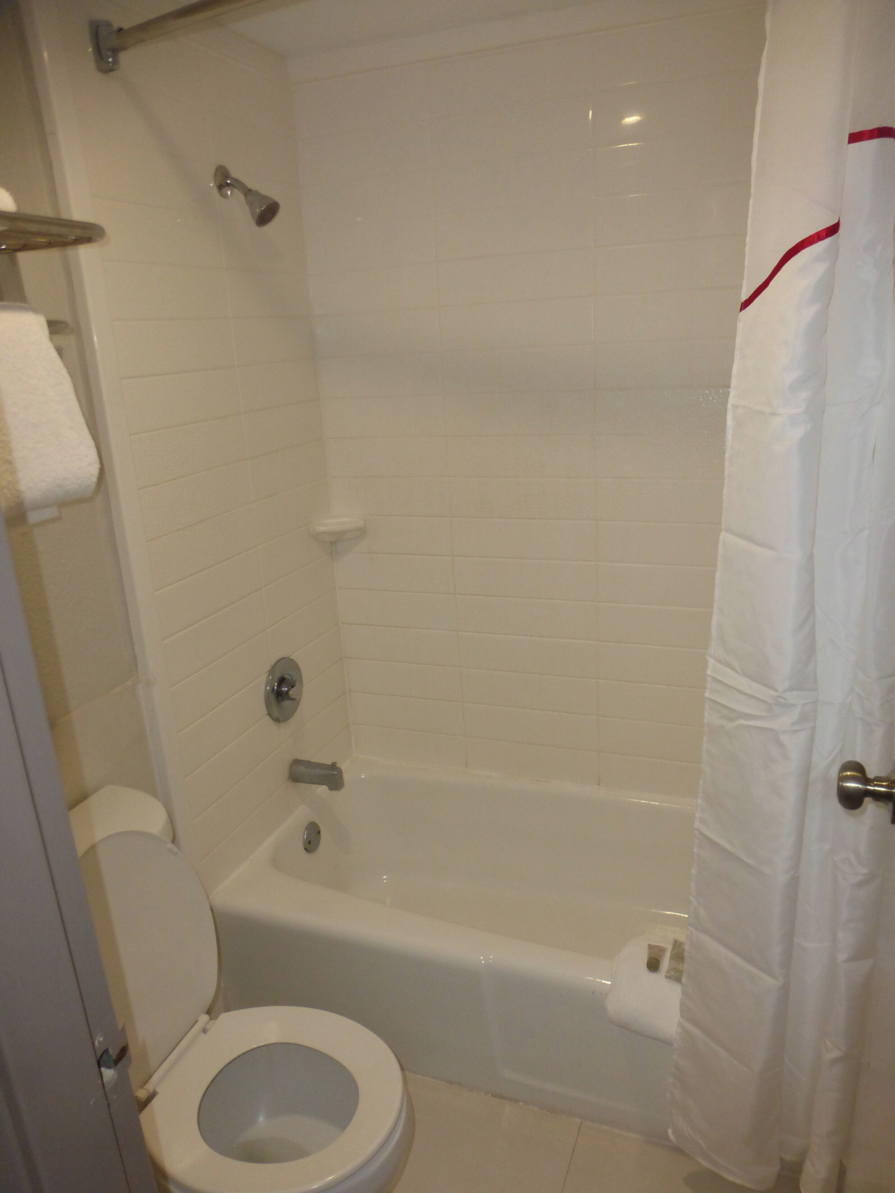 Combined shower/tub, free toiletries, hair dryer, towels