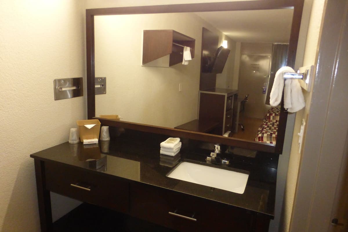 combined shower/bathtub, free toiletries, hair dryer, towels