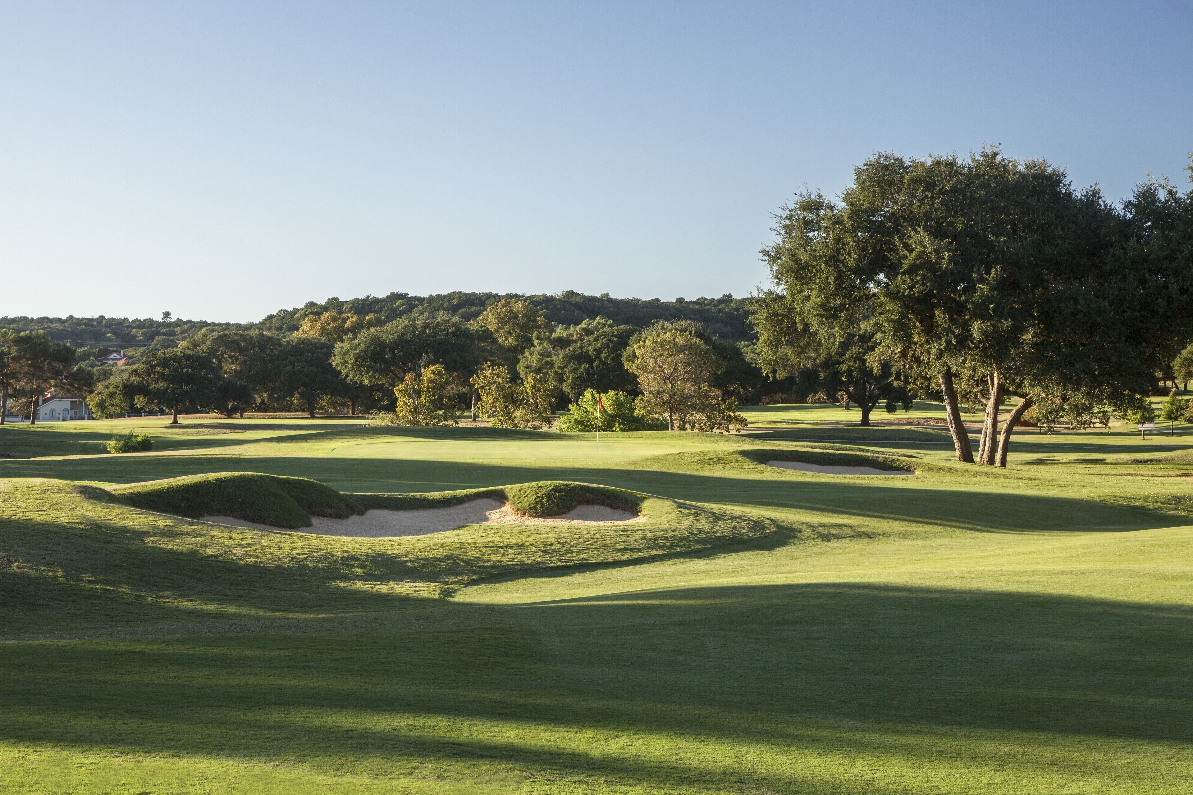 A golf course with well-maintained grass, sand bunkers, and trees.