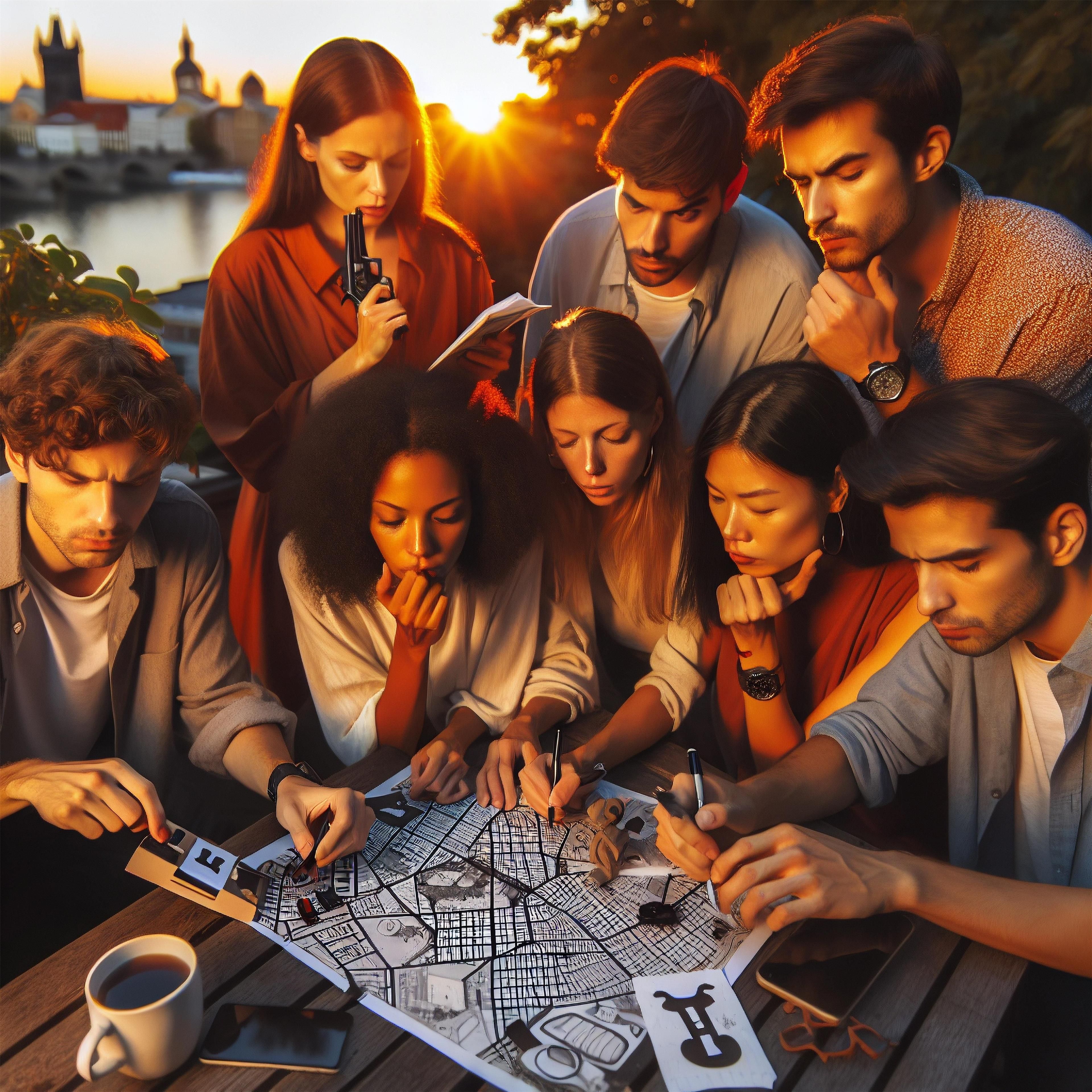 A group of people sitting around a table with a map, engaged in a discussion.
