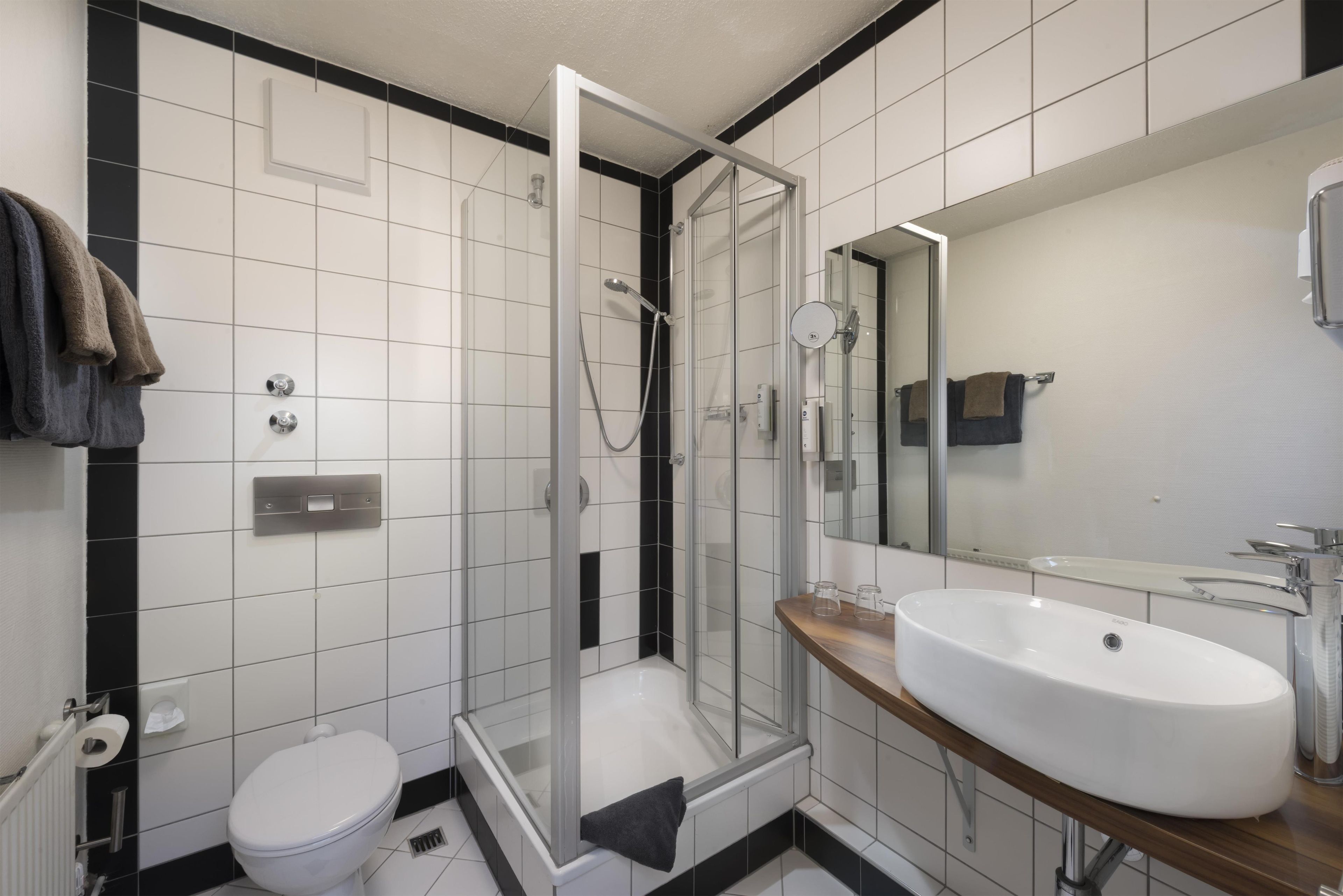 A modern bathroom with a glass-enclosed shower, a white sink, and a toilet.