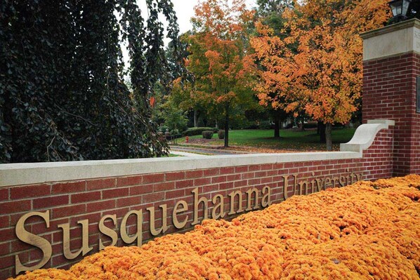A brick wall with the name "Susquehanna University" and a large bed of orange flowers in front.